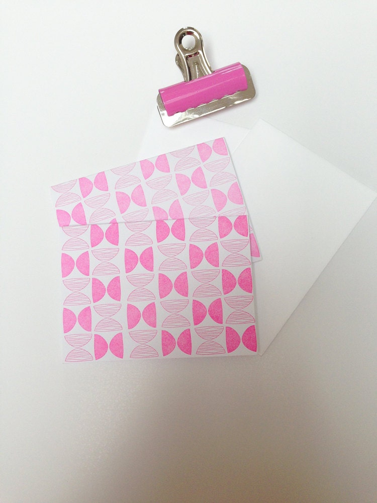 Neon pink folded pattern cards, set of 4,  letterpress printed