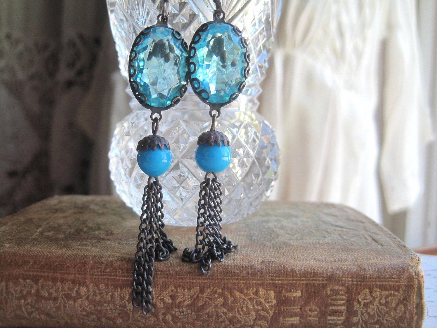 long vintage aqua tassel assemblage earrings. Pool.