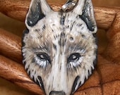 White & Gray Wolf Head Face PENDANT or BEAD Hand Painted Polymer Clay