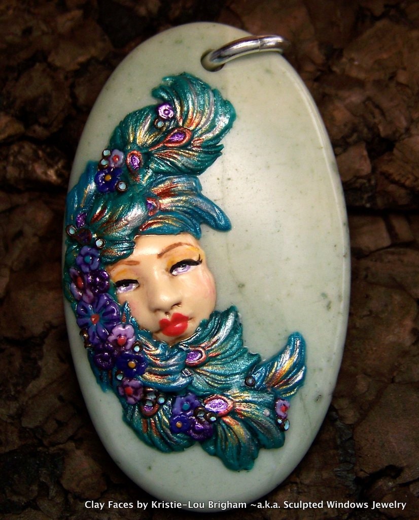 Peacock Feathers and Little Flowers Goddess Lady Face Pendant or Bead Natural Aqua Green Jasper and Polymer Clay