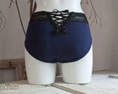 one of a kind - Laced Panty - navy blue upcycled cotton jersey panties with lovely black lace trim and lacing detail - size 98 (medium)