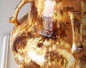 oversized vintage brutalist Lamp Base / mottled textured glazed pottery / mustard yellow brown / large jug handles / wooden neck