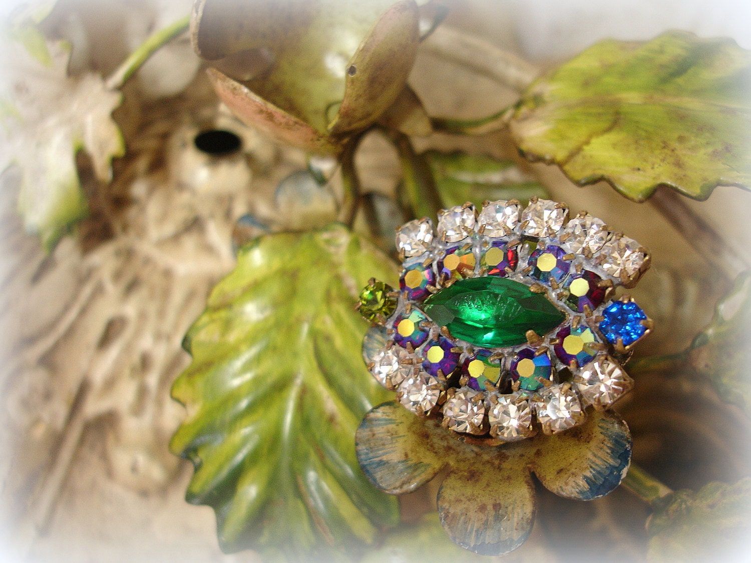 vintage czech rhinestone button . multi bright prong set rhinestones handmade in czechoslovakia . brass shank