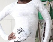 white yoga long sleve top - om and cherry blossom - burnout fabric - super soft