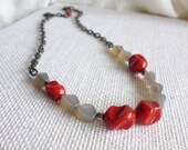 gray and red necklace with quartz and vintage beads on gunmetal chain - long necklace - tallulah gray necklace