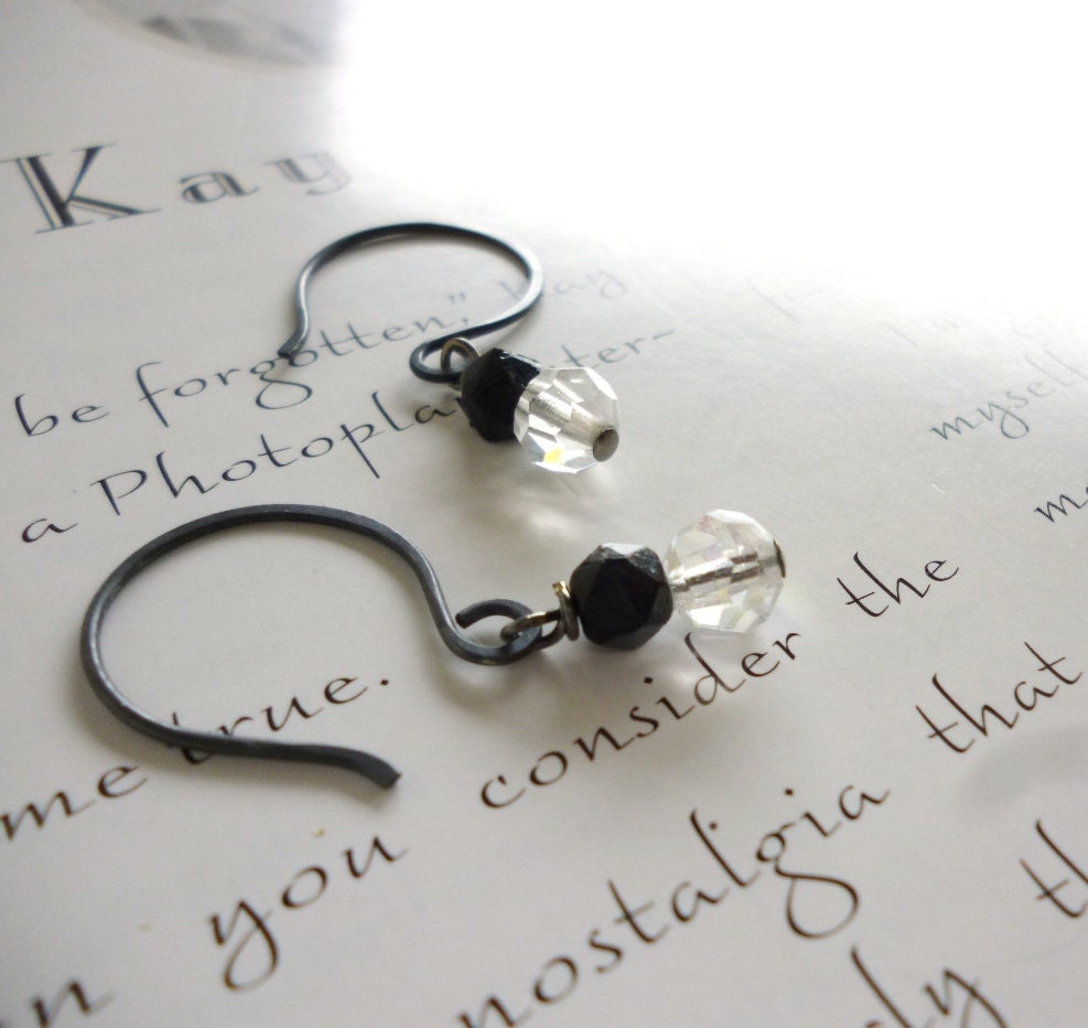sterling silver earrings - oxidized - jet and crystal earrings in black and white - persephone earrings