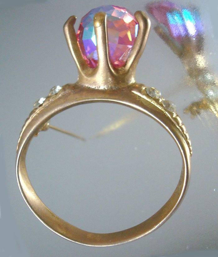 1970's Huge Pink Aurora Borealis Rhinestone Ring Pin Brooch