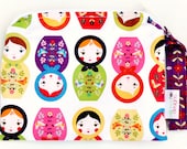 Small 9 x 7 Wet bag / Snack / Swim / Diapers / Little Kukla Russian Dolls Fabric / SEALED SEAMS and Snap Strap
