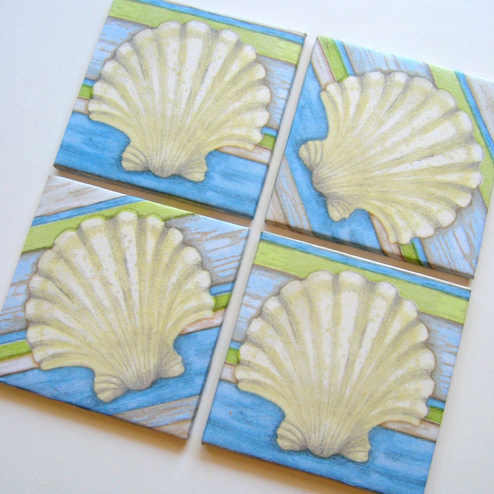 Scallop Shells Earth Coasters - Set of Four - Summer, seashells, beach, ocean, pastel, beverage, ceramic, nature, entertaining, hostess gift