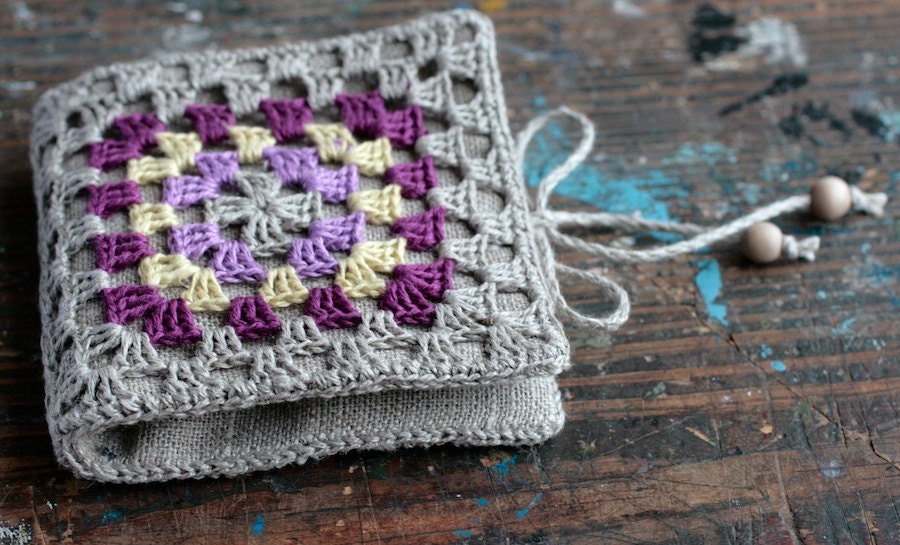 Small Linen Needle Book with Crochet detail -- Granny Square