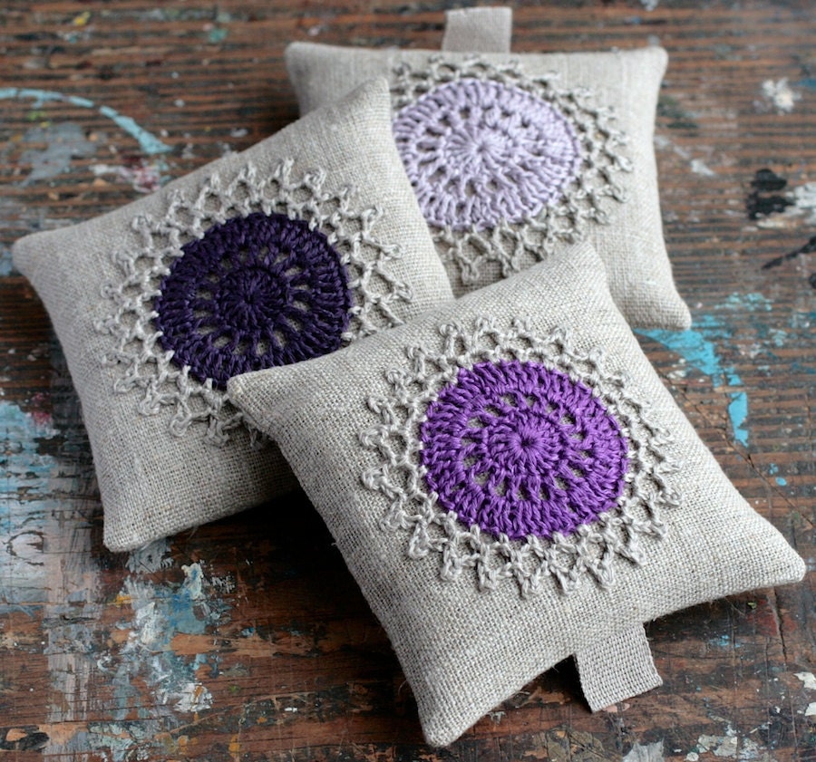 Lavender sachets -- crochet motif -- set of 3
