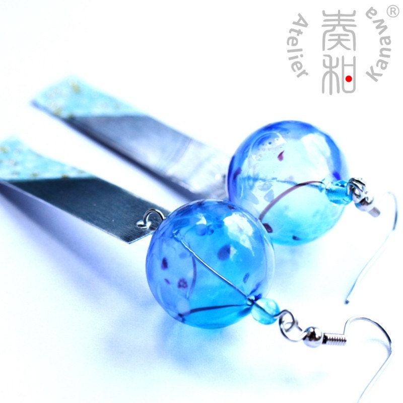 Wind of Summer - Large Edo Furin Style Wind Chime Earrings with Sakura Tanzaku