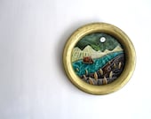 Back Country, backpacking camping tent rustic, circle gold framed, Original Fabric on Wood art - shellieartist