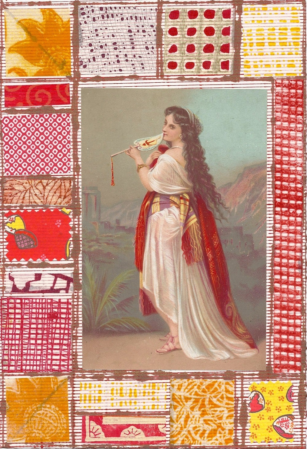 Red and Yellow Beauty :  Unique Collage with Monoprinted Elements and Vintage Ephemera