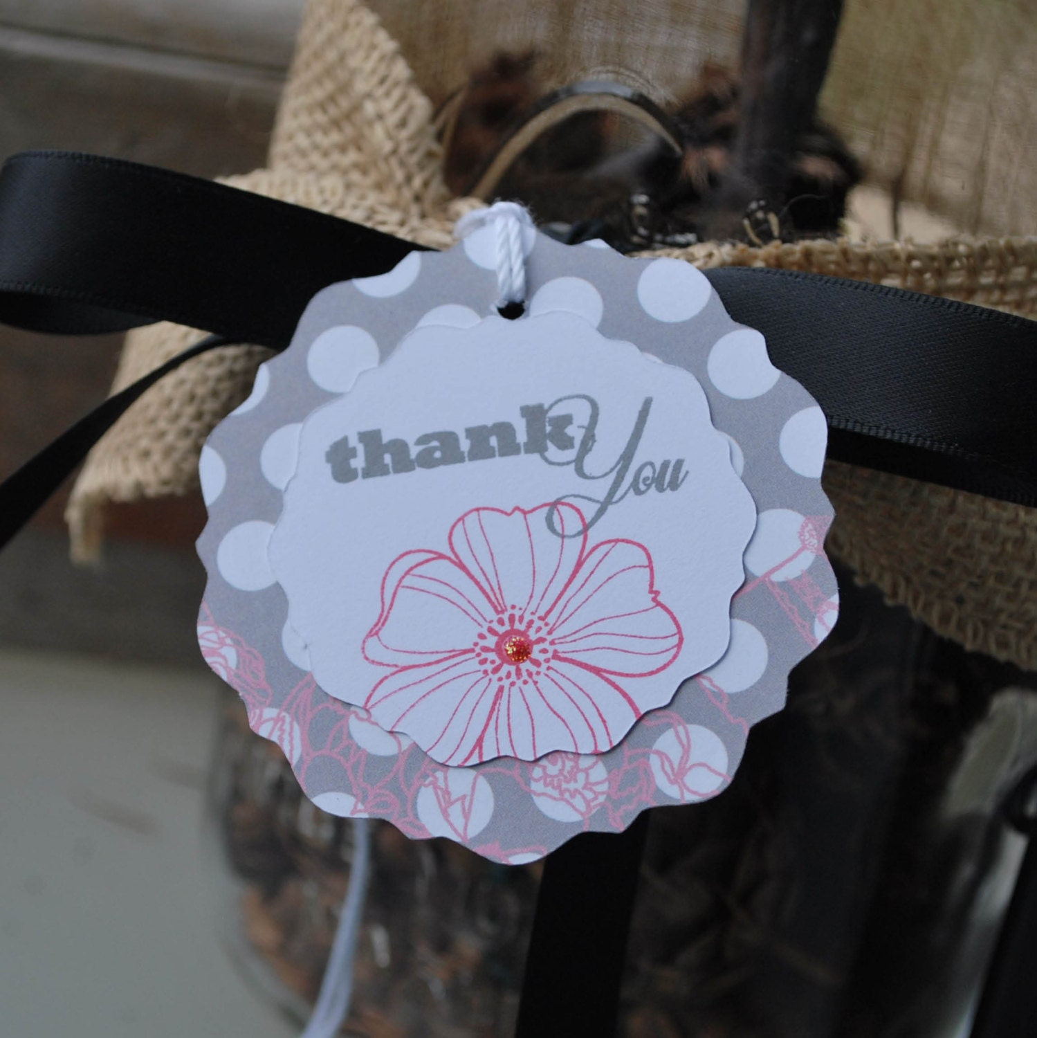 Thank you...set of 6 tags in pink, gray dots/floral on a scalloped tag