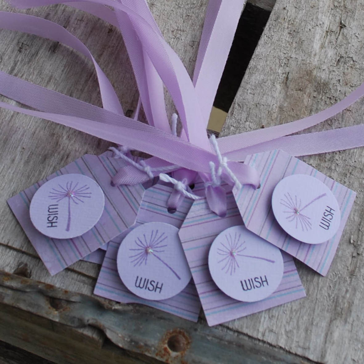 Wish...set of 6 tags..Wish flower lilac and stripe