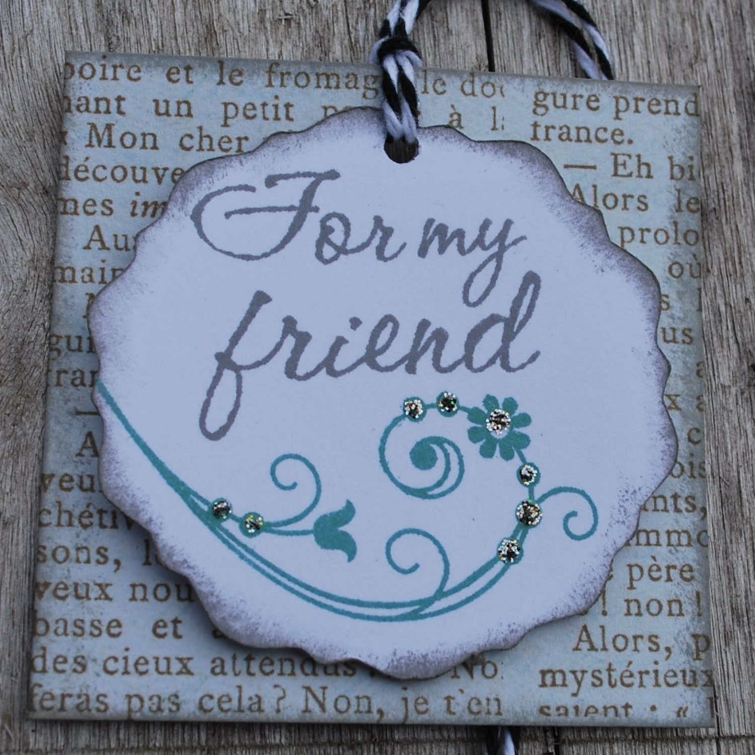For my friend...vintage style..set of 5 tags....blue/green and gray...