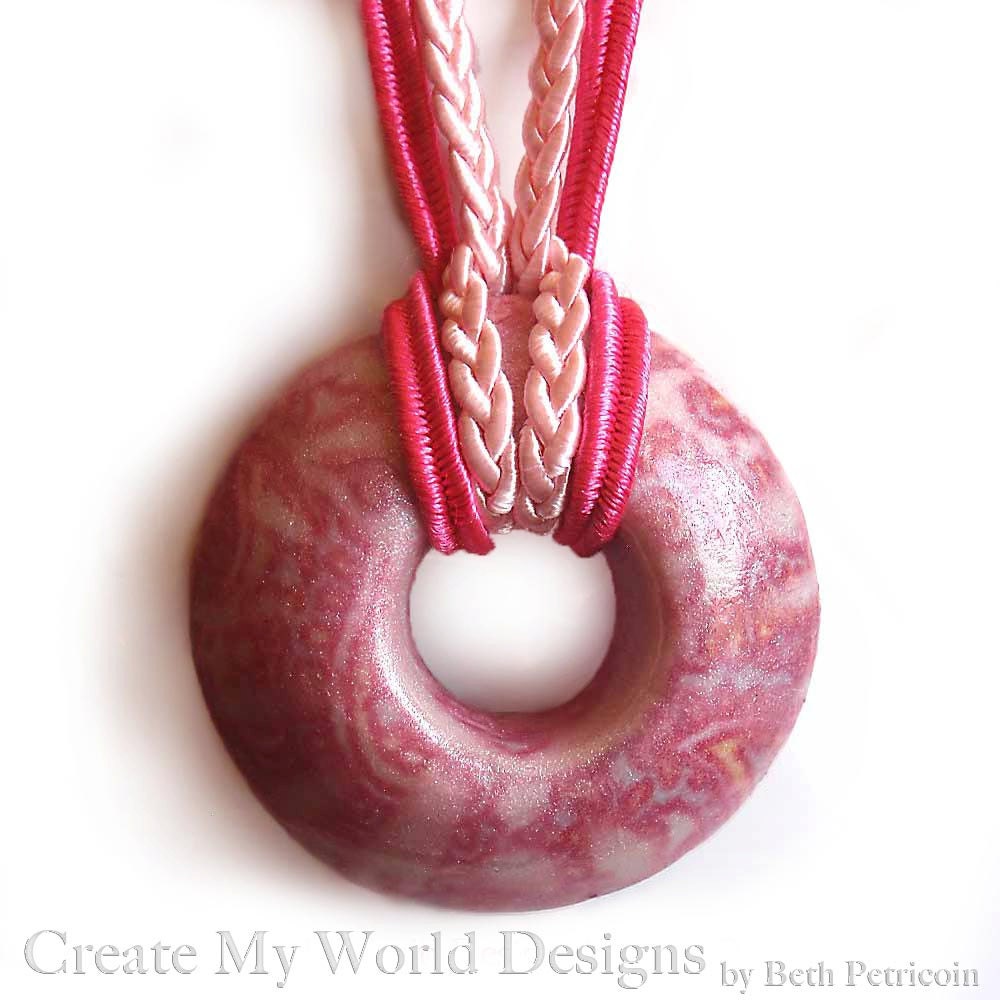 Pink Paisley Necklace, donut shape, round, polymer clay, silk dyed, soutache cord, braided cord