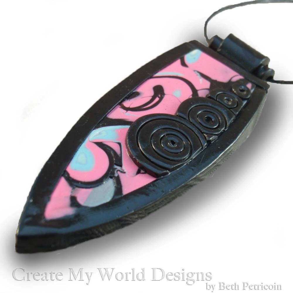 Black Pink Turquoise Pendant Necklace: Shield Dagger Shaped, Spiral Design Detail, Mokume Gane, Polymer Clay