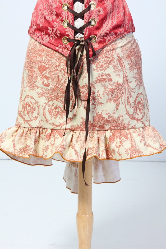 SALE-Red Toile Mini Length Stagecoach Skirt - Made in breathable upholstery cotton