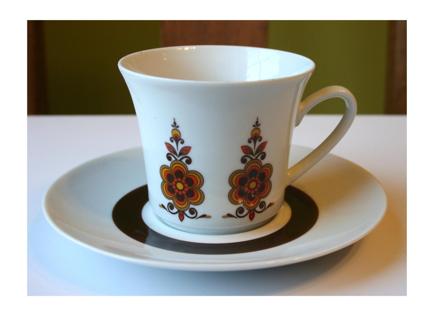 Vintage 1960's-1970's Winterling Roslau Bavaria Porcelain Tea Cup & Saucer - Mod Flowers