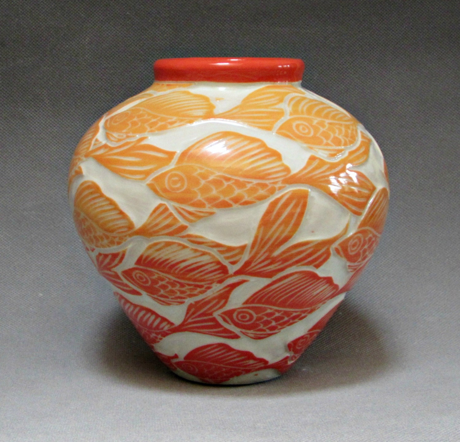 Gold and Coral Fish... Medium Round Vase... In Stock