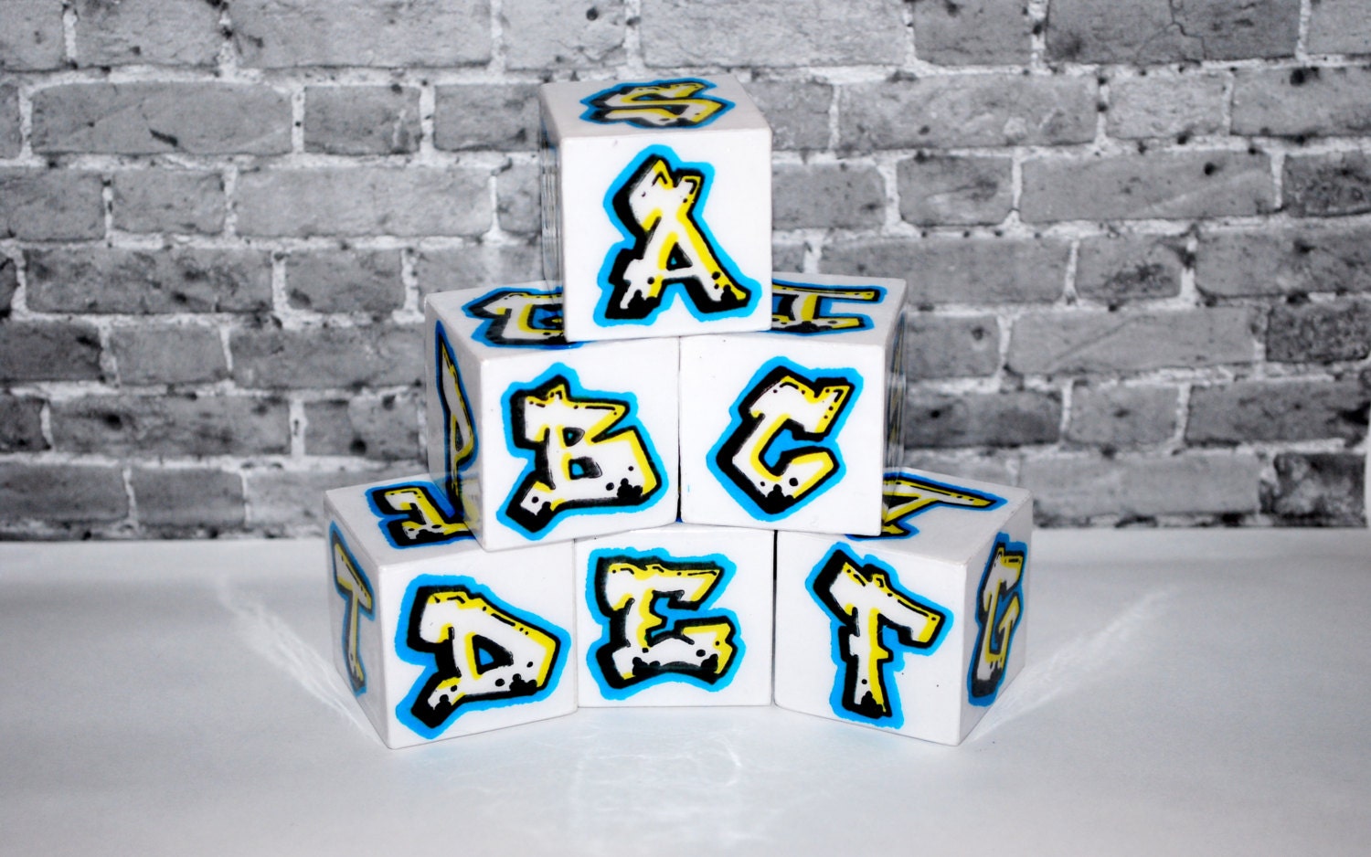 ABC Blocks Blue/Yellow Graffiti  6 Block Set Rockin' Blocks by beebles