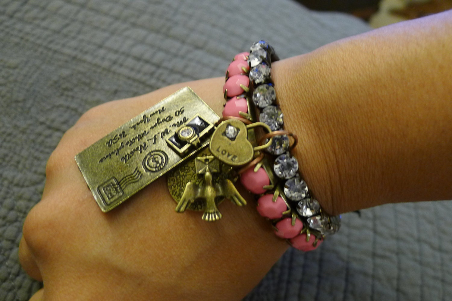 Joie - French Love Crystal Bezel 2 strand Stretch Bracelet with love, french, camera, bird charms - Pink