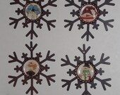 Set of 4 Primitive Rusty Tin Snowflake Ornaments Snowman Bottle Cap Christmas Holiday Ornie Gift Ties Embellishment