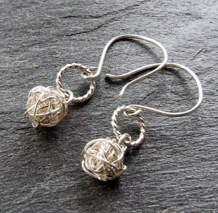 SILVER HOOP Wireball Tumbleweed Earrings with Braided Silver Dangly Hoops on Handmade Sterling Ear Wires