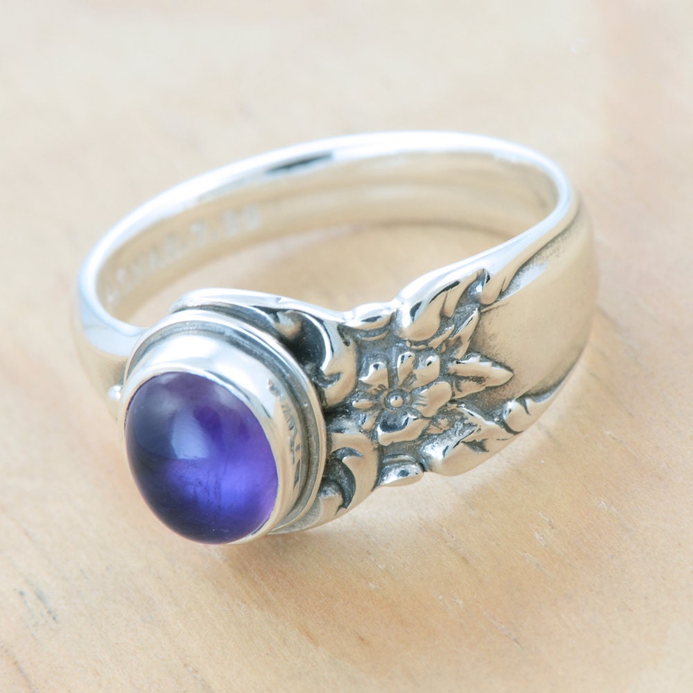 Spoon Ring with Amethyst, Upcycled Sterling Silver, Size 8