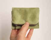 Pistachio Green Leather Forester card wallet, small pocket size wallet with change pouch and card pocket