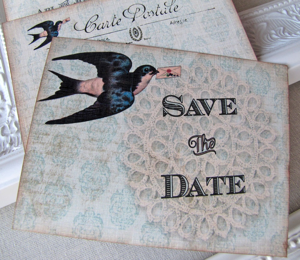 Vintage Wedding Save the Date Postcard Elegant Lace and Airmail Bird