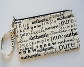 Wristlet Zipper Pouch Words on Natural Canvas Authentic Moda