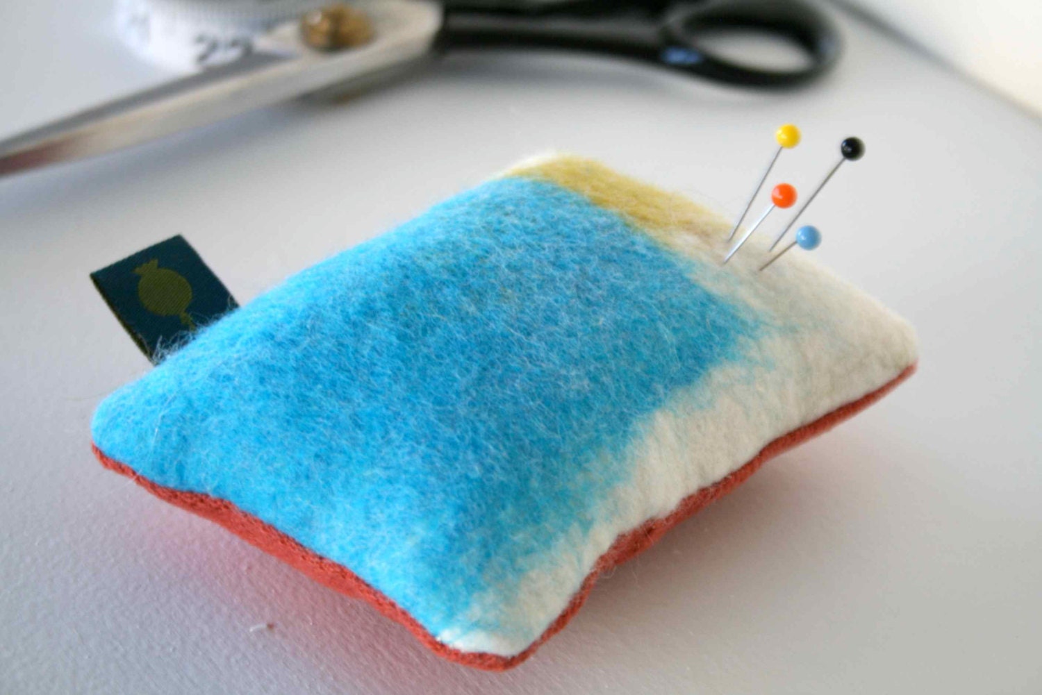 Pincushion - Hand Felted Merino Wool - Cream, Turquoise and Mustard