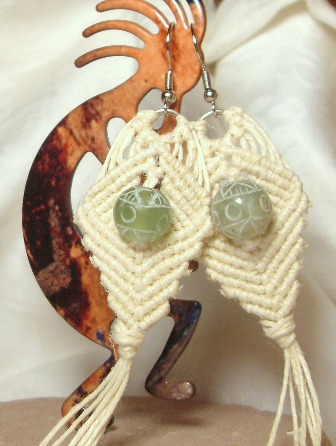 hand knotted hemp jade carved bead dangle earrings reduced