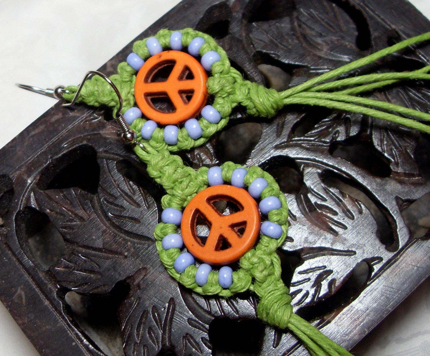 burnt orange and lime green peace sign macrame hemp earrings