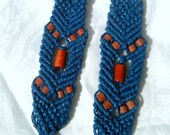 long dangle blue and brick color hand knotted hemp earrings