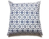 Two Navy on White Damask Design Pillow Covers Decorative Accent Toss Throw Covers larger 18 inch pair