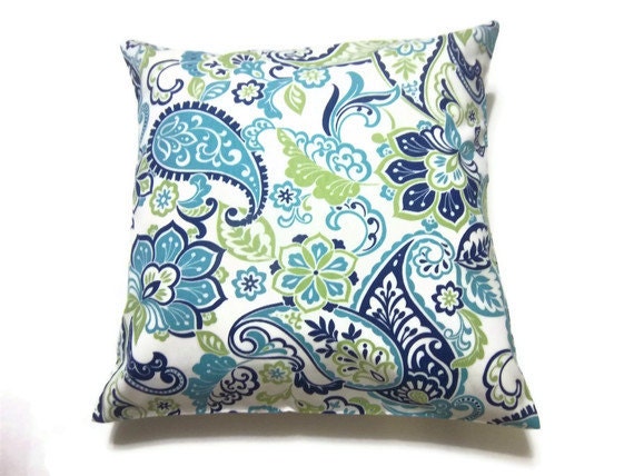 Two Turquoise Navy Blue Green White Pillow Covers SAME Fabric Front and Back  Decorative Toss Throw Accent Covers 18 inch pair
