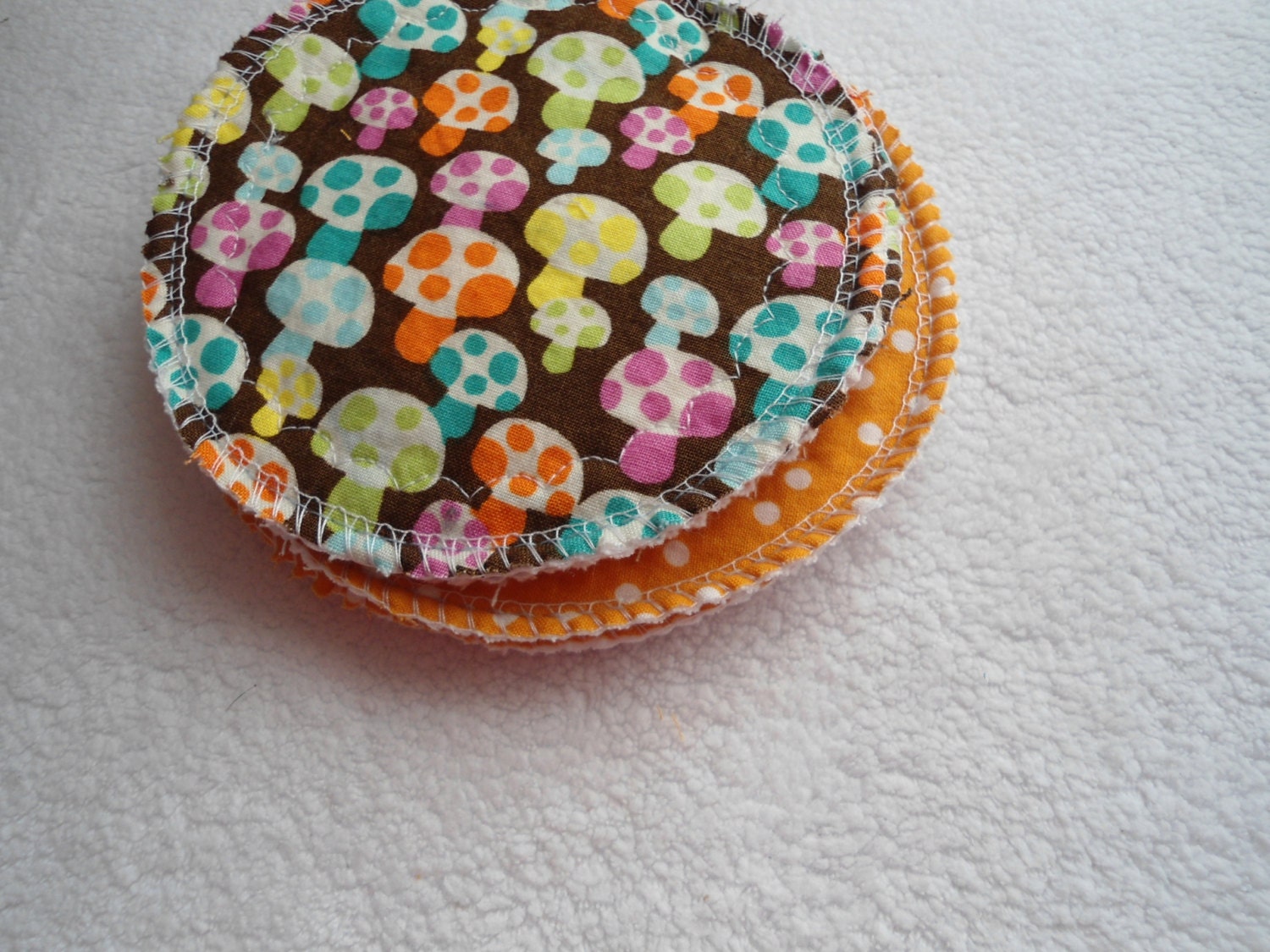 2 Pairs Flannel Nursing Pads   (Golden Rod Dots  /  Bright Mushrooms)  4 layers of 100% cotton &  flannel