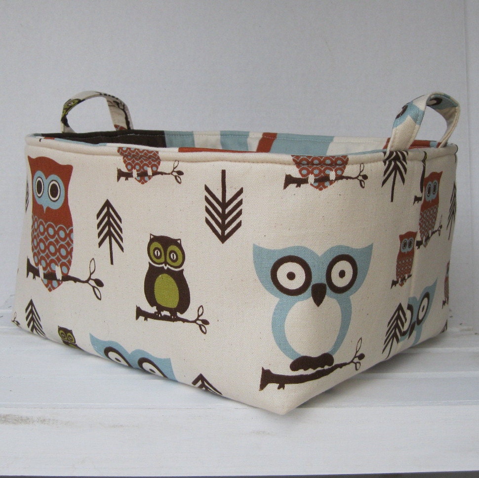 READY TO SHIP - XLarge Diaper Caddy - Storage Container Organizer Bin Basket - with Dividers - Hooty Owls Fabric