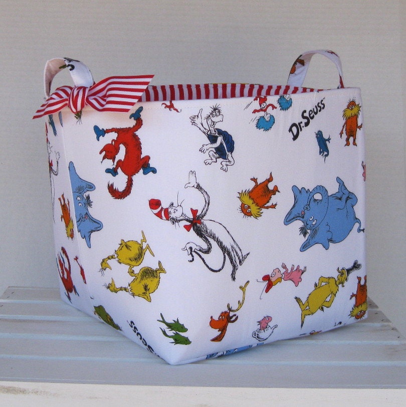 Fabric Organizer Bin Toy Storage Container Basket - Cat in the Hat fabric - New Design - 10 x 10 x 10 -