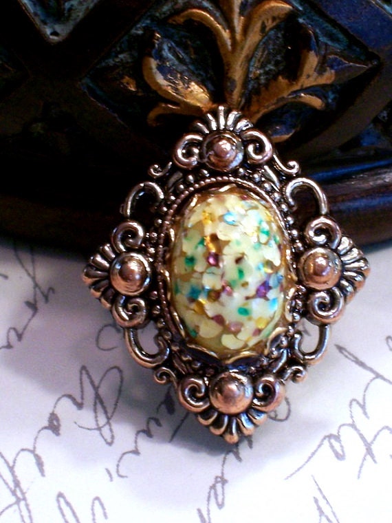 Yellow and Multi Colored Glass Cabochon Ring