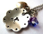 Personalized Flower Inital Necklace - Mothers Day Gift -  Hand Stamped, Decorative Border, Glass Flower, Puffy Heart