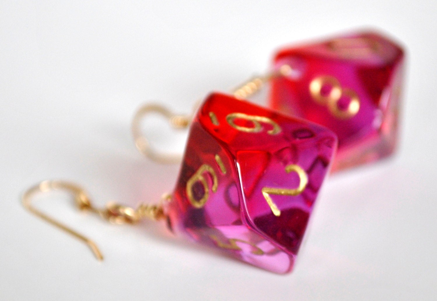 Dice Earrings - D10 Dice Jewelry - Red and Fuchsia Pink Ten Sided Dangle Earrings