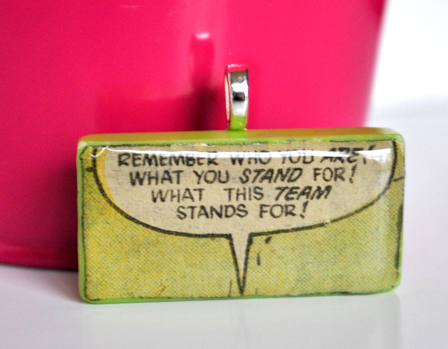 Comic Book Pendant Word Bubble Necklace - Upcycled Domino Jewelry - Geek Jewelry - Remember What You Stand For