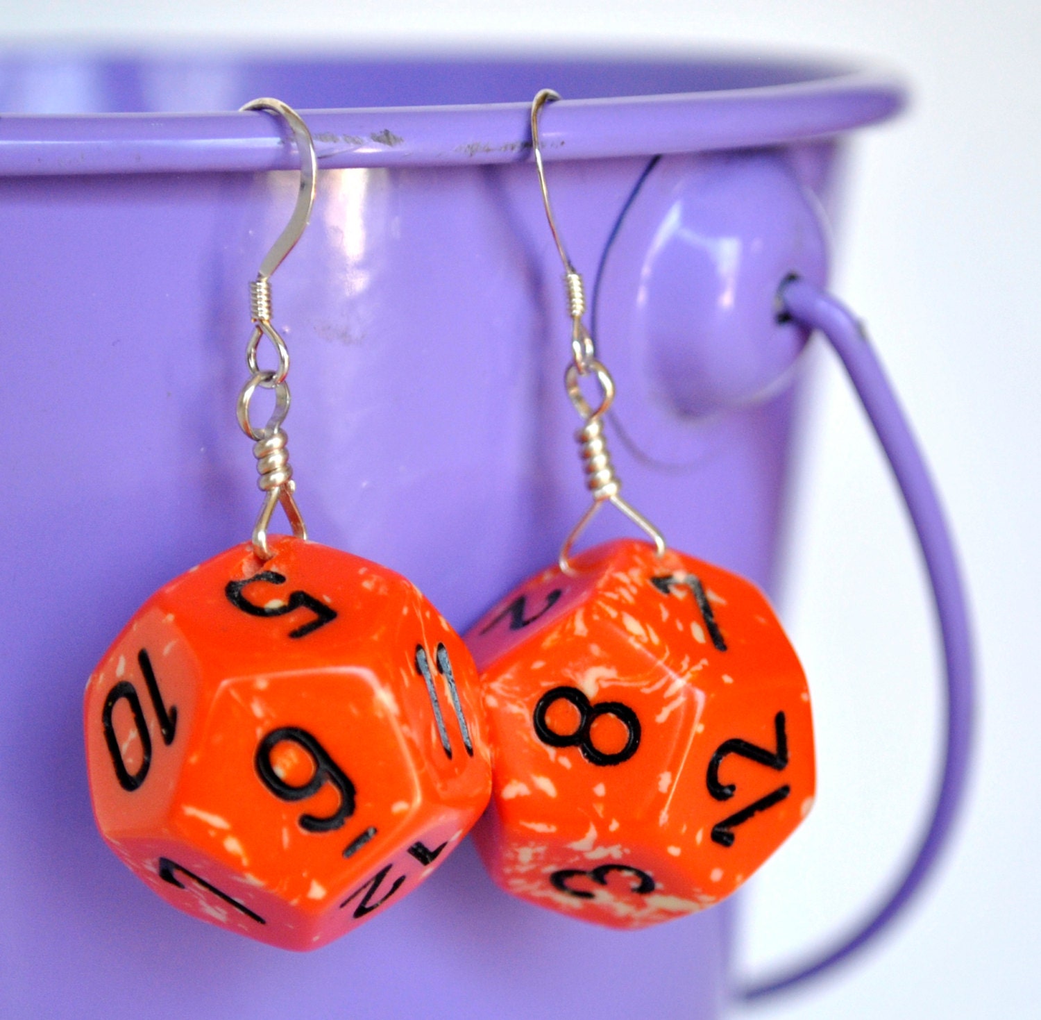 Orange Dice Earrings - D12 Twelve Sided Dice - Orange and White Speckled - Game Piece Jewelry