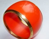 SJK VINTAGE -- Jumbo Orange Plastic or Resin and Brass Cuff Bangle Bracelet (1970's-80's)