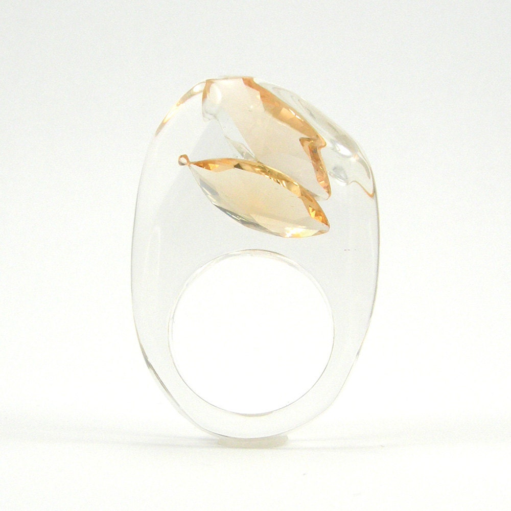 Peach Crystal Ring, Clear Resin Ring with Two Teardrops Warm Amber Zirconia, Modern Jewelry